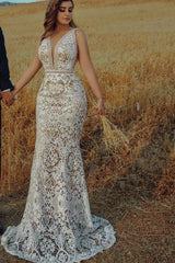 Eye-catching Ivory V Neck Lace See-Through Mermaid Wedding Dresses