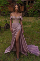 Eye-catching Off The Shoulder Satin Dusty Pink Split Mermaid Evening Dresses