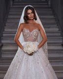 Eye-catching Strapless Crystal White Tulle Lace A-Line Wedding Dresses