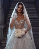 Eye-catching Strapless Crystal White Tulle Lace A-Line Wedding Dresses