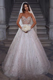 Eye-catching Strapless Crystal White Tulle Lace A-Line Wedding Dresses