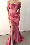 Fabulous Off-The-Shoulder Mermaid Satin Prom Dresses with Split