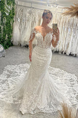 Fabulous V-Neck Long Sleeves Mermaid Lace Bridal Dress