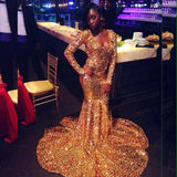 Fashion V-neck Gold Long Sleeves Mermaid Prom Dresses | Sequins Sweep Train Evening Gown BC1303