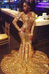 Fashion V-neck Gold Long Sleeves Mermaid Prom Dresses | Sequins Sweep Train Evening Gown BC1303