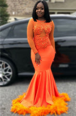 Feather Mermaid Orange Prom Dresses | Long Sleeve Sparkle Appliques Evening Gowns