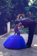 Floor Length Royal Blue Lovely Girls Pageant Dresses Tulle Off-the-Shoulder Flower Girl Dresss BA3927