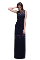 Floor Length Sleeveless Dark NavyBridesmaid Dress Lace Sheath Evening Dress On Sale