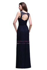 Floor Length Sleeveless Dark NavyBridesmaid Dress Lace Sheath Evening Dress On Sale