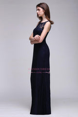 Floor Length Sleeveless Dark NavyBridesmaid Dress Lace Sheath Evening Dress On Sale