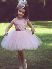 Flower Scoop Pink Tulle Lace-Applique Flower Girls Dresses