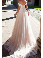 Formal A-Line Wedding Dress Off Shoulder Lace Tulle Short Sleeve Bridal Gowns with Sweep Train