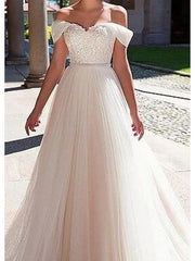 Formal A-Line Wedding Dress Off Shoulder Lace Tulle Short Sleeve Bridal Gowns with Sweep Train