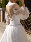 Formal A-Line Wedding Dress Spaghetti Strap Lace Tulle Sequined Long Sleeve Sexy Backless Bridal Gowns with Sweep Train