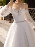 Formal A-Line Wedding Dress Spaghetti Strap Lace Tulle Sequined Long Sleeve Sexy Backless Bridal Gowns with Sweep Train