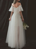 Formal A-Line Wedding Dresses Strapless Tulle Short Sleeve Bridal Gowns On Sale