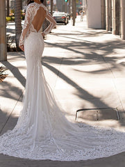 Formal Mermaid Jewel Wedding Dress Lace Satin Sleeveless Bridal Gowns with Court Train