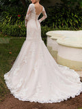 Formal Mermaid Wedding Dresses Off Shoulder Tulle Long Sleeve Plus Size Bridal Gowns with Sweep Train