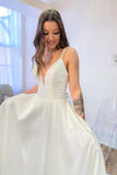 Glamorous A-Line Spaghetti Straps Sweetheart Satin Backless Wedding Dress With Pockets