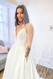 Glamorous A-Line Spaghetti Straps Sweetheart Satin Backless Wedding Dress With Pockets