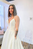 Glamorous A-Line Spaghetti Straps Sweetheart Satin Backless Wedding Dress With Pockets