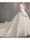 Glamorous A-Line Wedding Dress Jewel Lace 3/4 Length Sleeve Bridal Gowns Backless Court Train