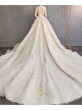 Glamorous A-Line Wedding Dress Jewel Lace 3/4 Length Sleeve Bridal Gowns Backless Court Train