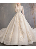 Glamorous A-Line Wedding Dress Jewel Lace 3/4 Length Sleeve Bridal Gowns Backless Court Train