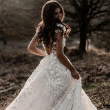 Glamorous Deep V-Neck Wedding Dress Cap Sleeves Tulle Bridal Gowns With Lace Appliques