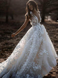 Glamorous Deep V-Neck Wedding Dress Cap Sleeves Tulle Bridal Gowns With Lace Appliques