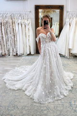 Glamorous Long A-Line Off-the-shoulder Lace Bridal Gowns With Glitter