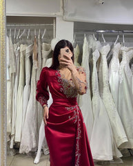 Glamorous Long Sleeves Burgundy Prom Dress Mermaid Long Evening Gowns