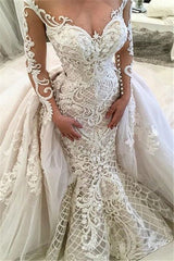 Glamorous Long Sleeves Lace Wedding Dresses | Sexy Mermaid Bridal Gowns with Detachable Skirt