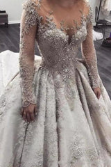 Glamorous Long Sleeves Lace Wedding Dresses | Sheer Tulle Crystal Bridal Ball Gowns with Buttons