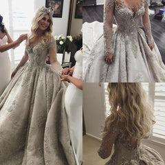 Glamorous Long Sleeves Lace Wedding Dresses | Sheer Tulle Crystal Bridal Ball Gowns with Buttons