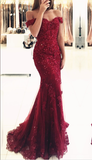 Glamorous Mermaid Lace Prom Dress Off-the-shoulder Red Appliques Evening Dress