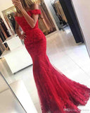 Glamorous Mermaid Lace Prom Dress Off-the-shoulder Red Appliques Evening Dress