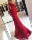 Glamorous Mermaid Lace Prom Dress Off-the-shoulder Red Appliques Evening Dress