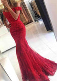 Glamorous Mermaid Lace Prom Dress Off-the-shoulder Red Appliques Evening Dress