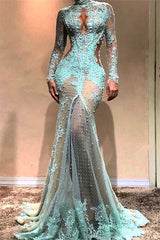 Glamorous Mermaid Long Sleeves Evening Dresses | High Neck Sheer Appliques Prom Dresses