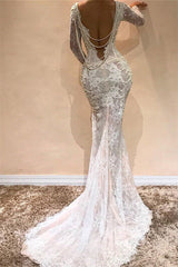 Glamorous Mermaid Long Sleeves Wedding Dresses | Lace V-Neck Crystal Evening Dress