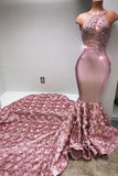 Glamorous Mermaid Pink Prom Dresses Halter Appliques Evening Dresses BA7797