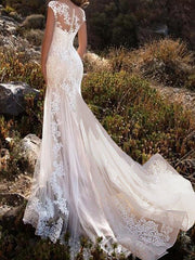 Glamorous Mermaid Wedding Dress Jewel Lace Tulle Sleeveless Bridal Gowns with Chapel Train