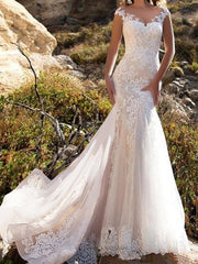 Glamorous Mermaid Wedding Dress Jewel Lace Tulle Sleeveless Bridal Gowns with Chapel Train