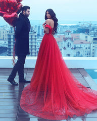 Glamorous Off The Shoulder Tulle Red A-Line Prom Dresses