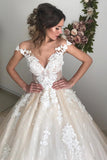 Glamorous Off-the-Shoulder Lace Appliques Wedding Dresses | Ivory Bridal Ball Gowns with Buttons