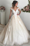 Glamorous Off-the-Shoulder Lace Appliques Wedding Dresses |  Ivory Bridal Ball Gowns with Buttons