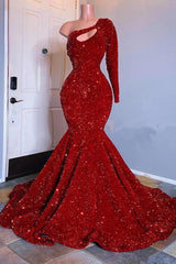 Glamorous Red Long Sleeves Mermaid Prom Dress Sequins Party Gowns