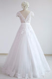 Glamorous Shortsleeves V-neck Lace Wedding Dress | White A-line Tulle Bridal Gowns With Appliques