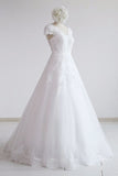 Glamorous Shortsleeves V-neck Lace Wedding Dress | White A-line Tulle Bridal Gowns With Appliques